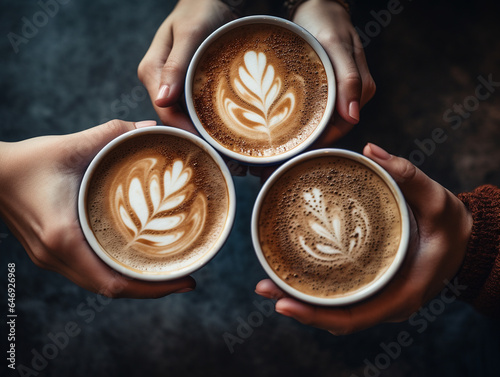 Foto Human hands holding cups of coffee with latte art