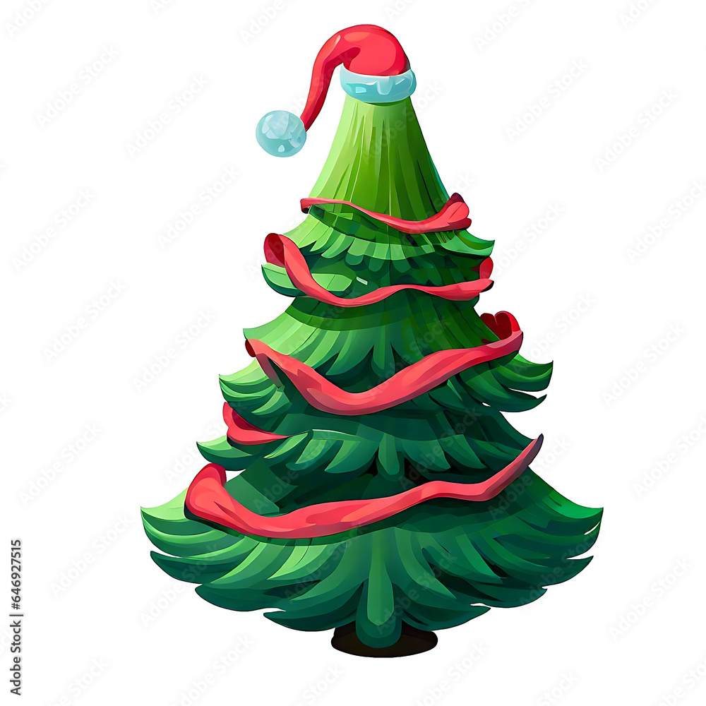 Vector image of Green Christmas tree with Santa Claus Hat and red ribbon of a Christmas mood on a white background. Generative Ai Vector image of Green Christmas tree with Santa Claus Hat and red ribbon of a Christmas mood on a white background. Generative Ai