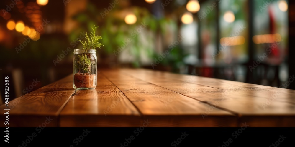 The wooden table top with blur background of restaurant. Generative AI image AIG30.