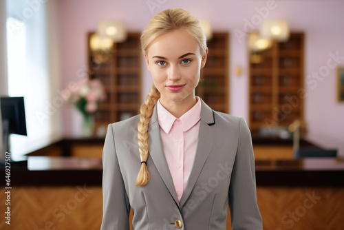 Confident Female Hotel Attendant in Business Suit with a Warm Smile