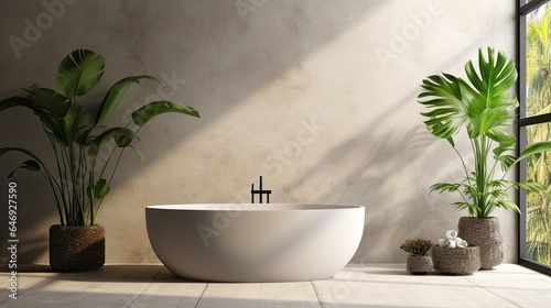  a modern bathroom with a white ceramic bathtub  tropical plants  sunlight  and a blank cement wall. Suitable for home  hotel  showroom  and product displays.