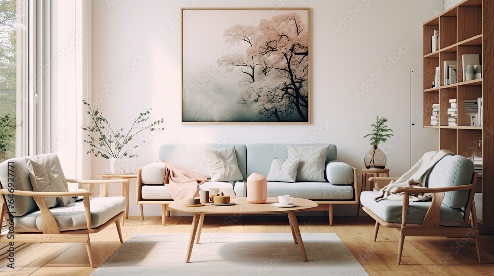 Fototapeta premium Modern interior living room with a Scandinavian vibe, featuring a illustration of a poster frame.