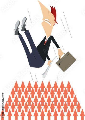 Frightened man with bag and papers falling down on the sharp arrows. Isolated on white background