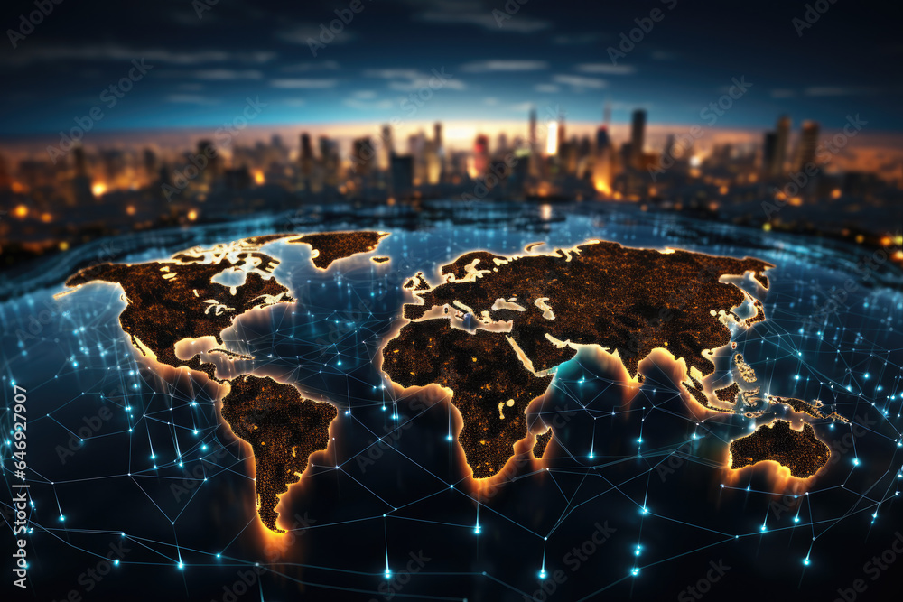 Map of the planet. Blue futuristic background with planet Earth. Worldwide network connection, digital telecommunication, big data, digital transformation, cloud computing, IoT, cryptocurrency. - obrazy, fototapety, plakaty 