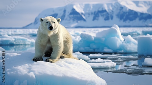 struggle of a magnificent polar bear as it stands on a dwindling iceberg, surrounded by rapidly melting ice.