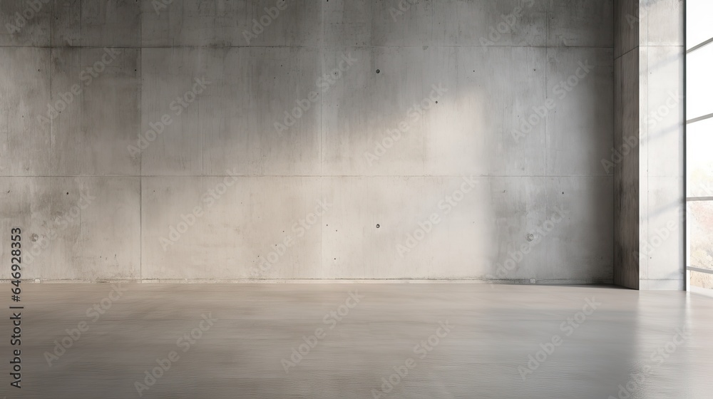 Empty gray interior with concrete floor and blank wall in a 3D render mock up.