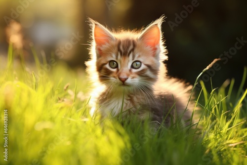 black-white cat sits in the green grass