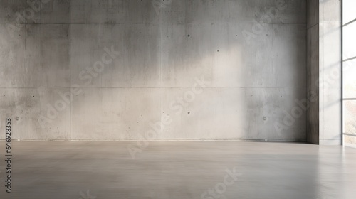 Empty gray interior with concrete floor and blank wall in a 3D render mock up. © Vusal