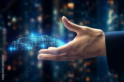 Interaction between a user's hands and a futuristic blue holographic augmented reality user interface UI with AI capabilities. A hands-on encounter with cutting-edge gadgetry.