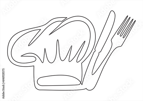 One single line drawing of chef hat or cap with fork and spoon for restaurant vector graphic illustration. Elegant cafe badge concept. Modern continuous line draw design street food logotype
