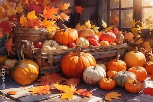 Watercolor landscape of pumpkin field house farm autumn harvest season