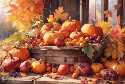 Watercolor landscape of pumpkin field house farm autumn harvest season