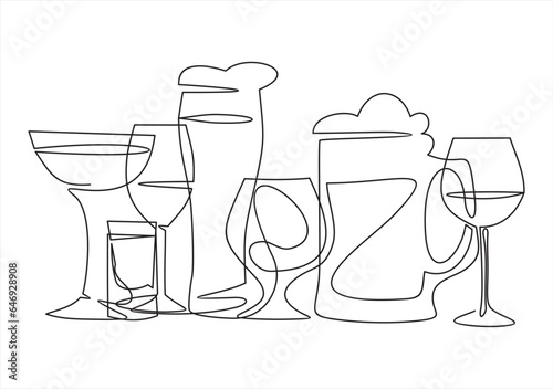 Simple one line cocktail glasses. Continuous lines wine, martini, summer drink glass. Vector drinks, bar alcoholic and nonalcoholic beverages