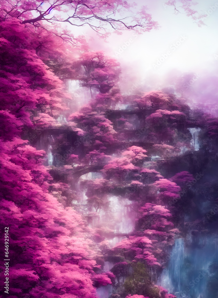 Fantasy landscape with waterfalls, forest and cherry blossoms