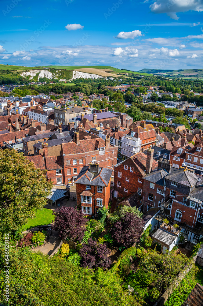 A view south over the High Street from the ramparts of the castle keep in Lewes, Sussex, UK in summertime
