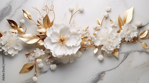 Stunning display of white marble and gold floral intersections, revealing luxury. Wedding, bride, exclusive event, celebration, jewellery glamor design. 