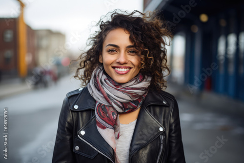 Young confident woman in a leather jacket smiling