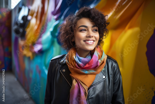 Young confident woman in a leather jacket smiling