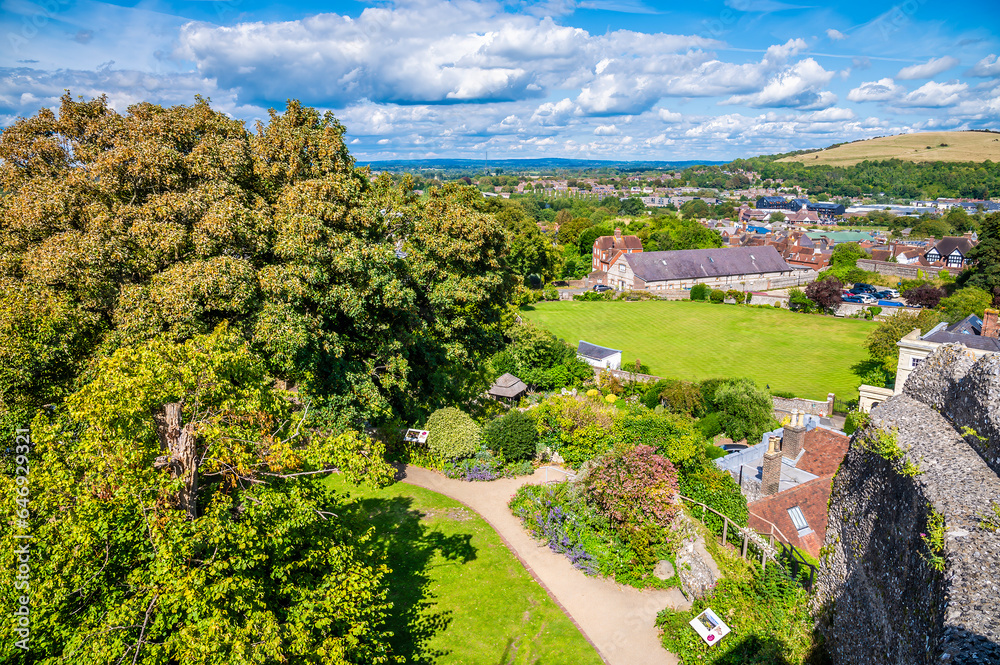 A view north from the ramparts of the castle keep in Lewes, Sussex, UK in summertime