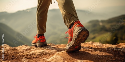 a man with red shoes walking on toes on a mountain trail Generative AI