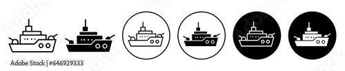 warship icon. Battleship with armed force symbol. Marine boat with navy weapon for war vector. Coast guard defense ship of naval army sign.