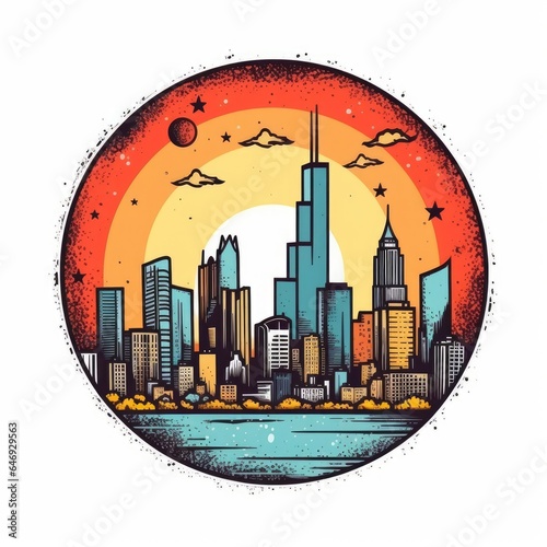 A circle shape frame with center space of Chicago city skyline in simple doodle color cartoon style. beautiful Generative AI AIG32