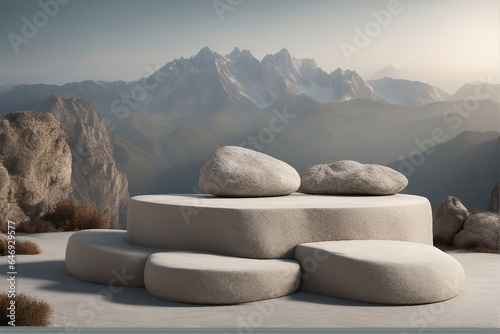 stone podium background with cloudy sky