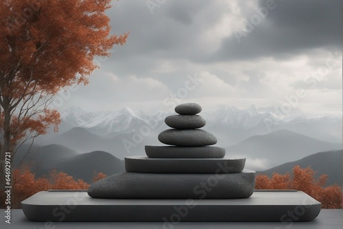 stone podium with a cloudy sky with green trees