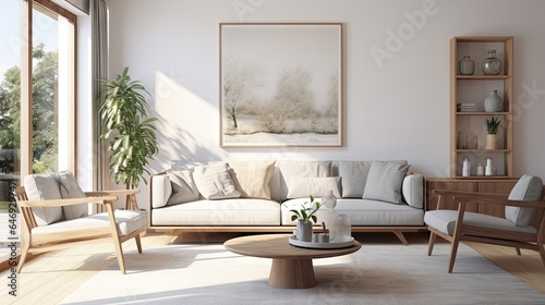 Render of a modern living room with a Scandinavian style frame.