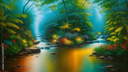 Fairy forest.River.Digital creative designer drawing.AI illustration