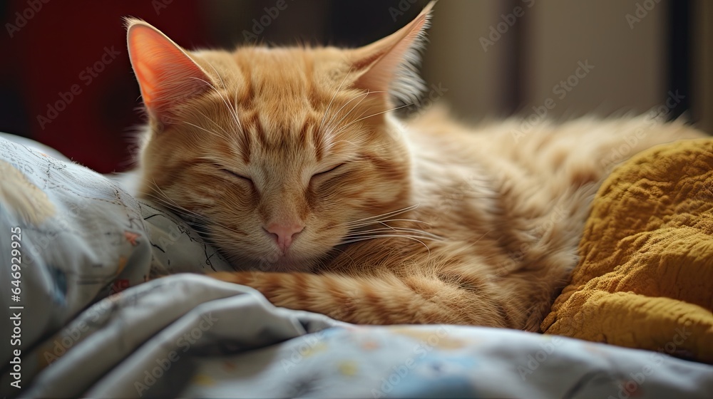Funny sleeping ginger cat in bed.
