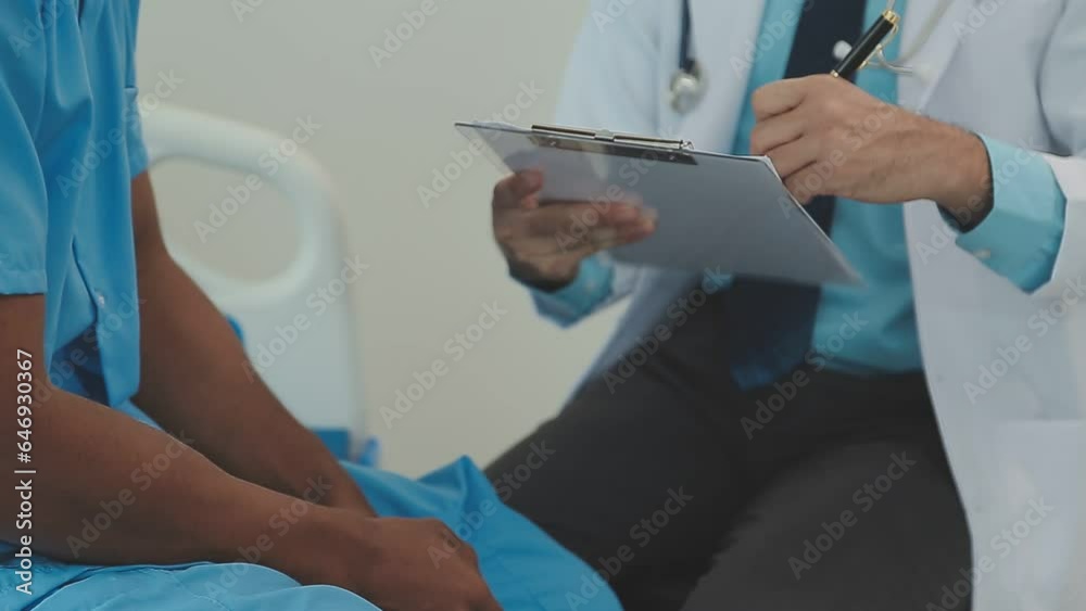 Senior doctor and young male patient who lie on the bed while checking pulse, consult and explain with nurse taking note and supporting in hospital wards. Senior doctor and young male patient who lie on the bed while checking pulse, consult and explain with nurse taking note and supporting in hospital wards.