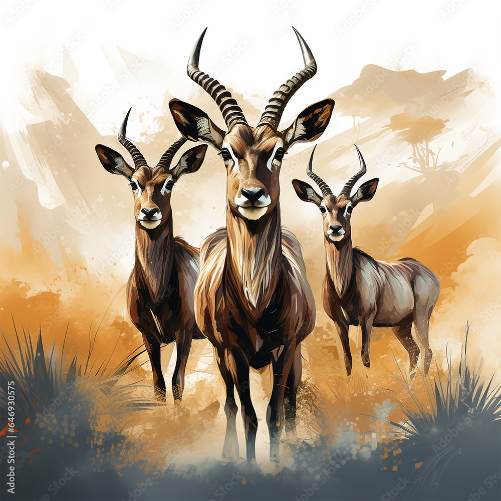 Trio of wild waterbuck antelope Generative AI artwork 