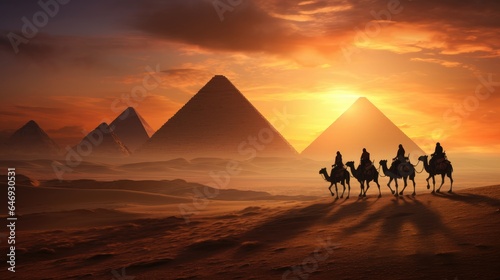 a group of Bedouins on camelback  silhouetted against the warm hues of a desert sunset near the Pyramids of Giza. This image captures the romance and grandeur of desert travel in Egypt.  commercial