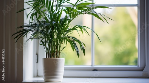 White pot with bamboo palm/reed palm on windowsill. © Vusal