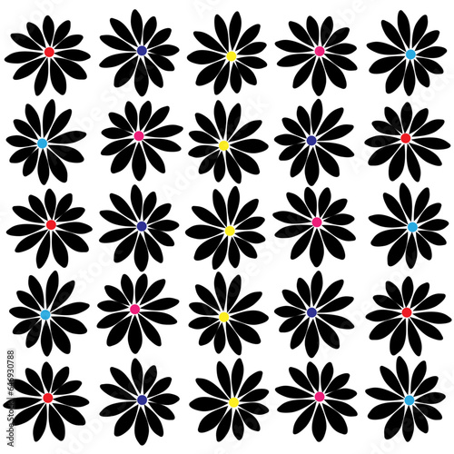 Fondo floral con margaritas negras sobre blanco.