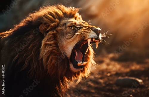 Angry roaring lion ready to attack, Close-up roaring lion, Lion of Judah, king lion, exuding strength and power, Generative AI. photo