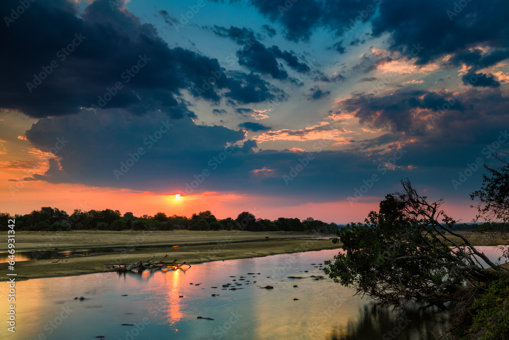 Sunset over the Luangwa River, South Luangwa National Park, Zambia, Africa.