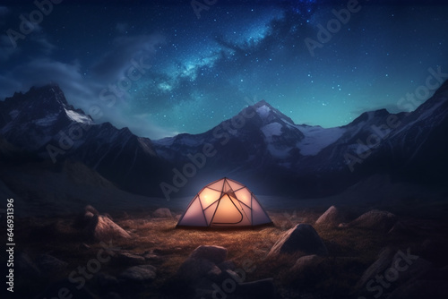 5 Billion Star Hotel. Camping in the mountains under the starry night sky. Night landscape of camping ground. A tent glows under a night sky full of stars. Generative AI © Dmytro