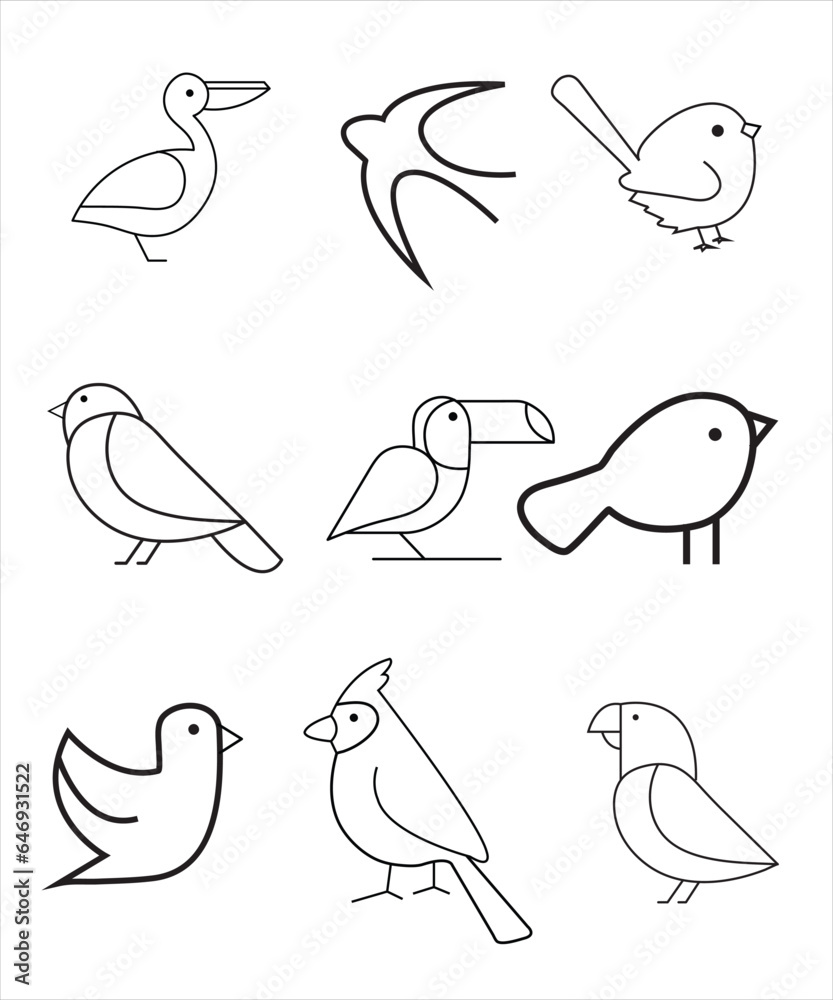 Set of linear birds. Thin line vector illustration. Editable shapes Set of linear birds. Thin line vector illustration. Editable shapes