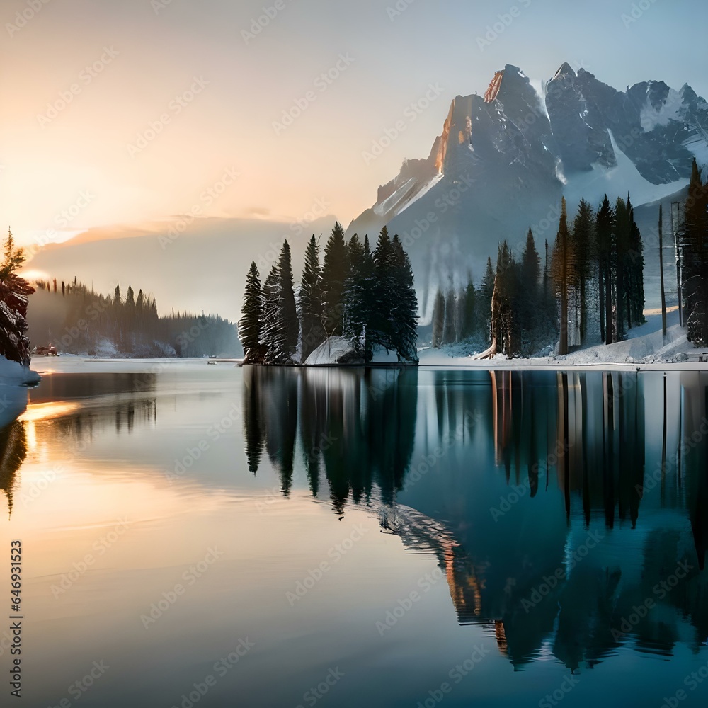 Gorgeous autumn sunrise over Hintersee lake .A mountain is reflected in a lake with snow on the ground.