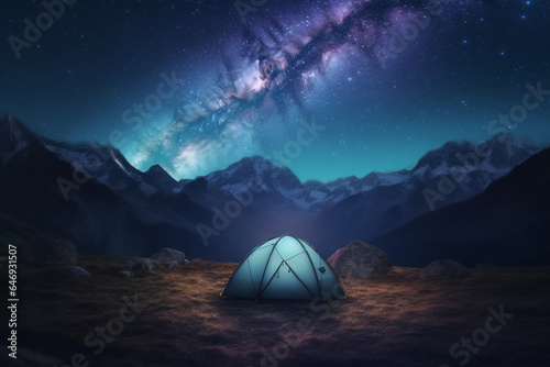5 Billion Star Hotel. Camping in the mountains under the starry night sky. Night landscape of camping ground. A tent glows under a night sky full of stars. Generative AI © Dmytro