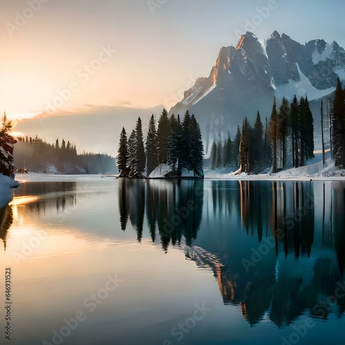 Gorgeous autumn sunrise over Hintersee lake .A mountain is reflected in a lake with snow on the ground.