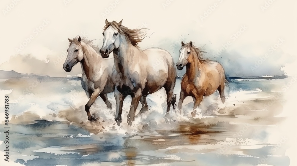 Image generated by AI. Beautiful watercolor painting of horses running along the sea coast Image generated by AI. Beautiful watercolor painting of horses running along the sea coast