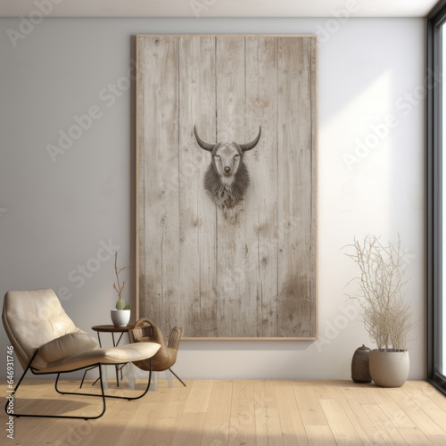 Indoor Living Room with Wooden Art Frame and Furniture.