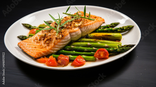 Baked salmon garnished with asparagus and tomatoes