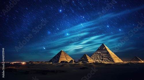 Pyramids of Giza illuminated by the moonlight and city lights in the background  casting a magical glow on these ancient wonders capture the timeless mystique of Egypt at night.