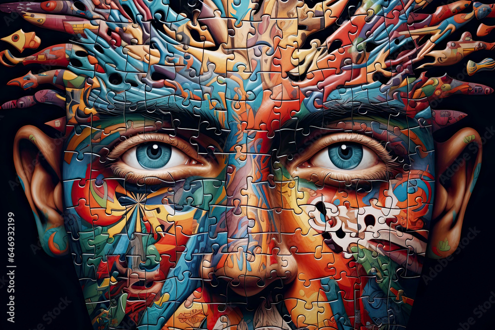 Puzzle concept with a person. Emotional chaos in a person's head - obrazy, fototapety, plakaty 