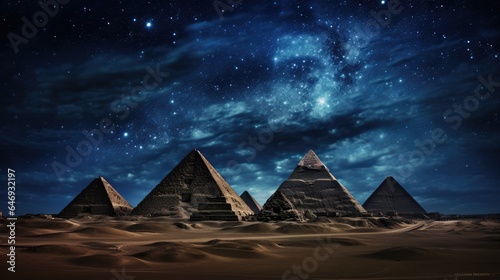 Pyramids of Giza illuminated by the moonlight and city lights in the background, casting a magical glow on these ancient wonders capture the timeless mystique of Egypt at night.