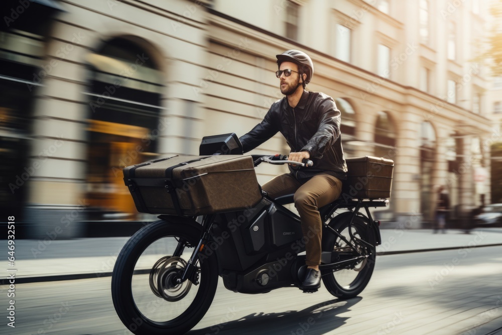 man riding on electric cargo bike in the city  - obrazy, fototapety, plakaty 